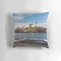 Nubble Light Coastal Pillow showcasing a picturesque Maine lighthouse by the Atlantic Ocean