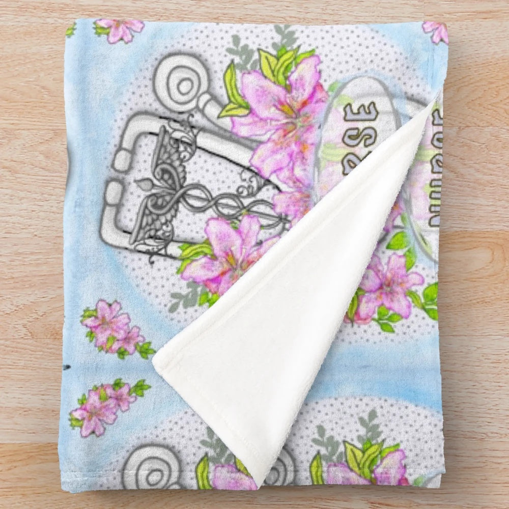 Nurse Plush Blanket with Stethoscope and Lotus Design