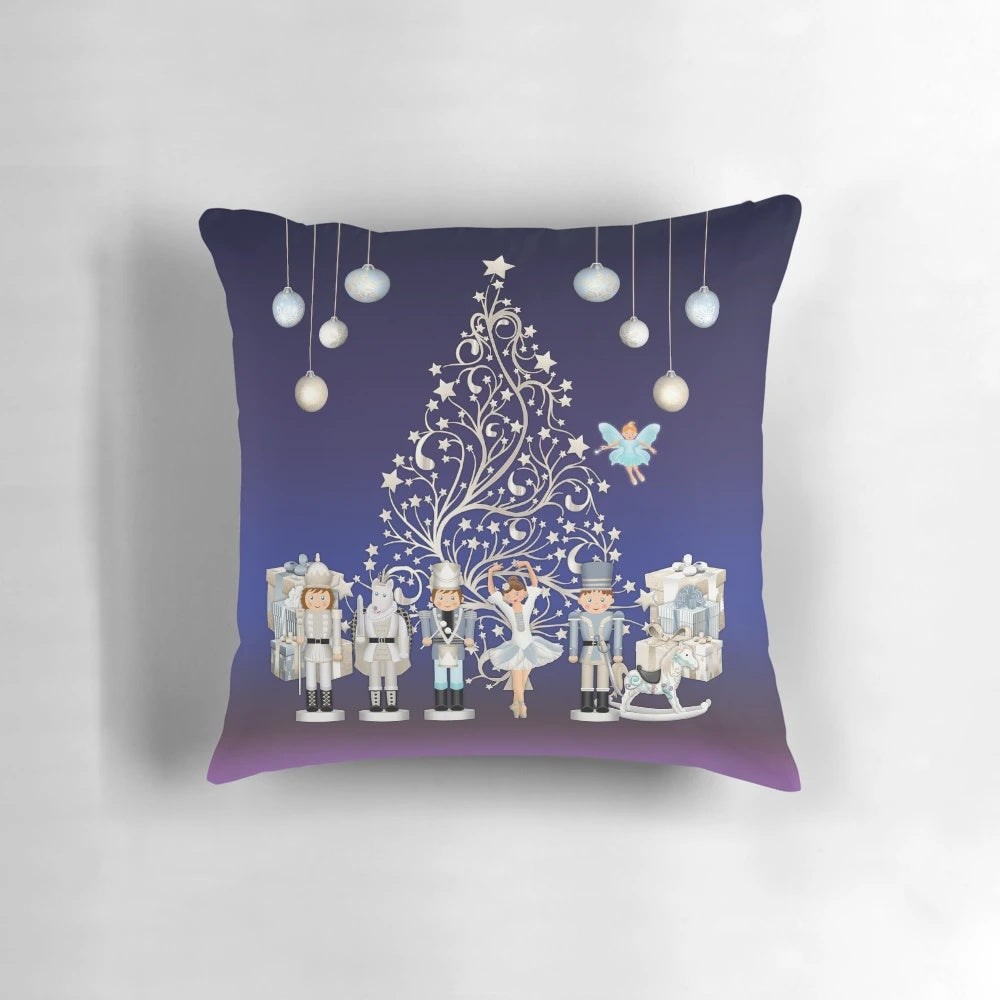 Nutcracker Christmas Pillow featuring the iconic ballet scene with toy soldiers, mouse king, and ballerina