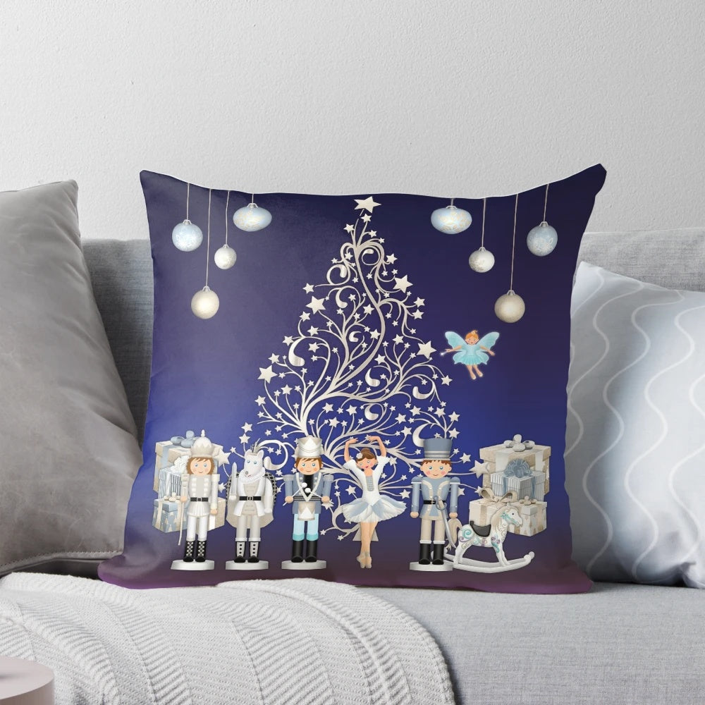 Nutcracker Christmas Pillow featuring the iconic ballet scene with toy soldiers, mouse king, and ballerina