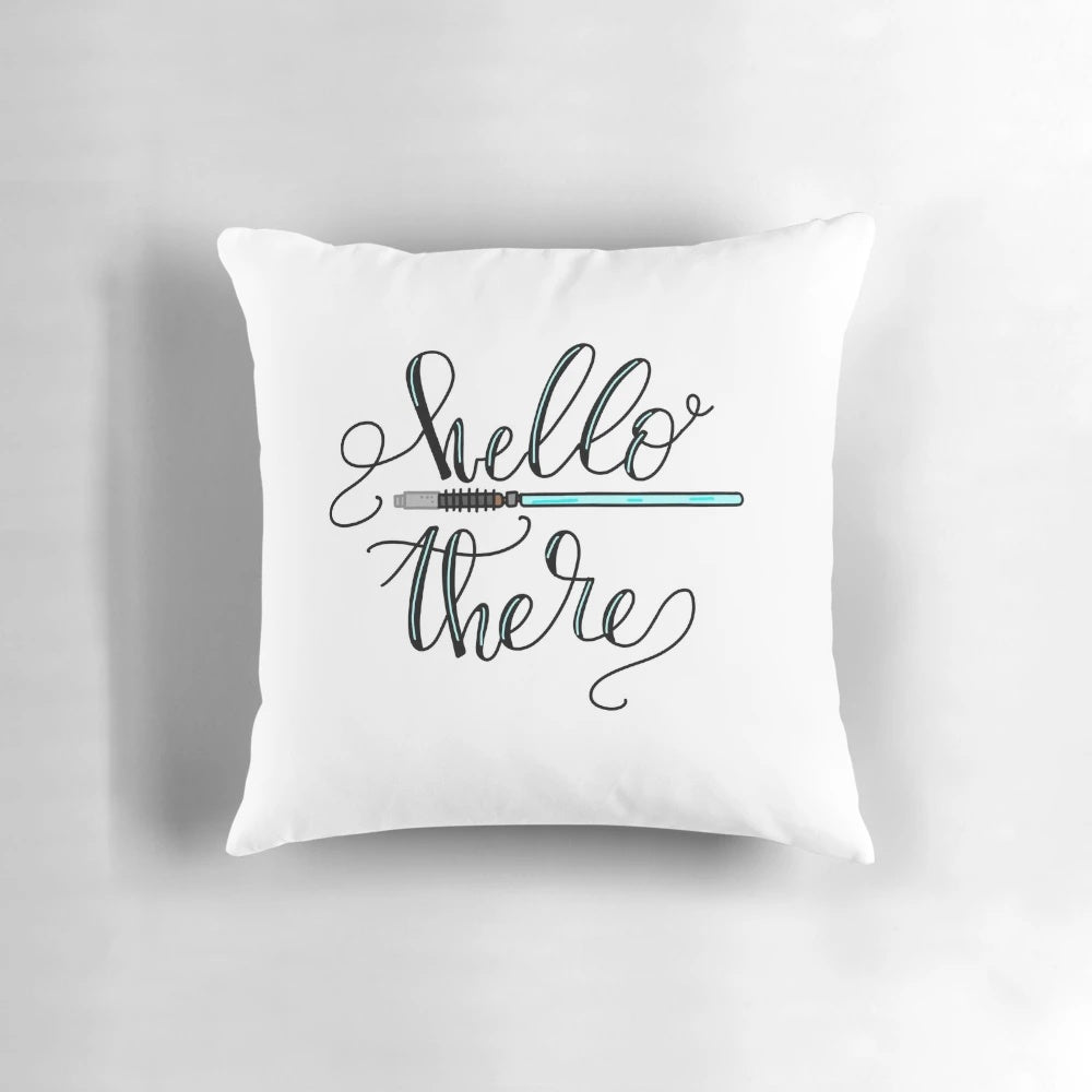 Decorative pillow featuring a "Hello There" quote from the Star Wars franchise, with an illustration of Obi-Wan Kenobi.