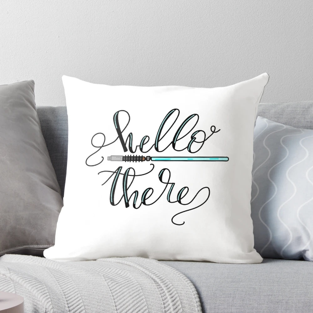 Decorative pillow featuring a "Hello There" quote from the Star Wars franchise, with an illustration of Obi-Wan Kenobi.