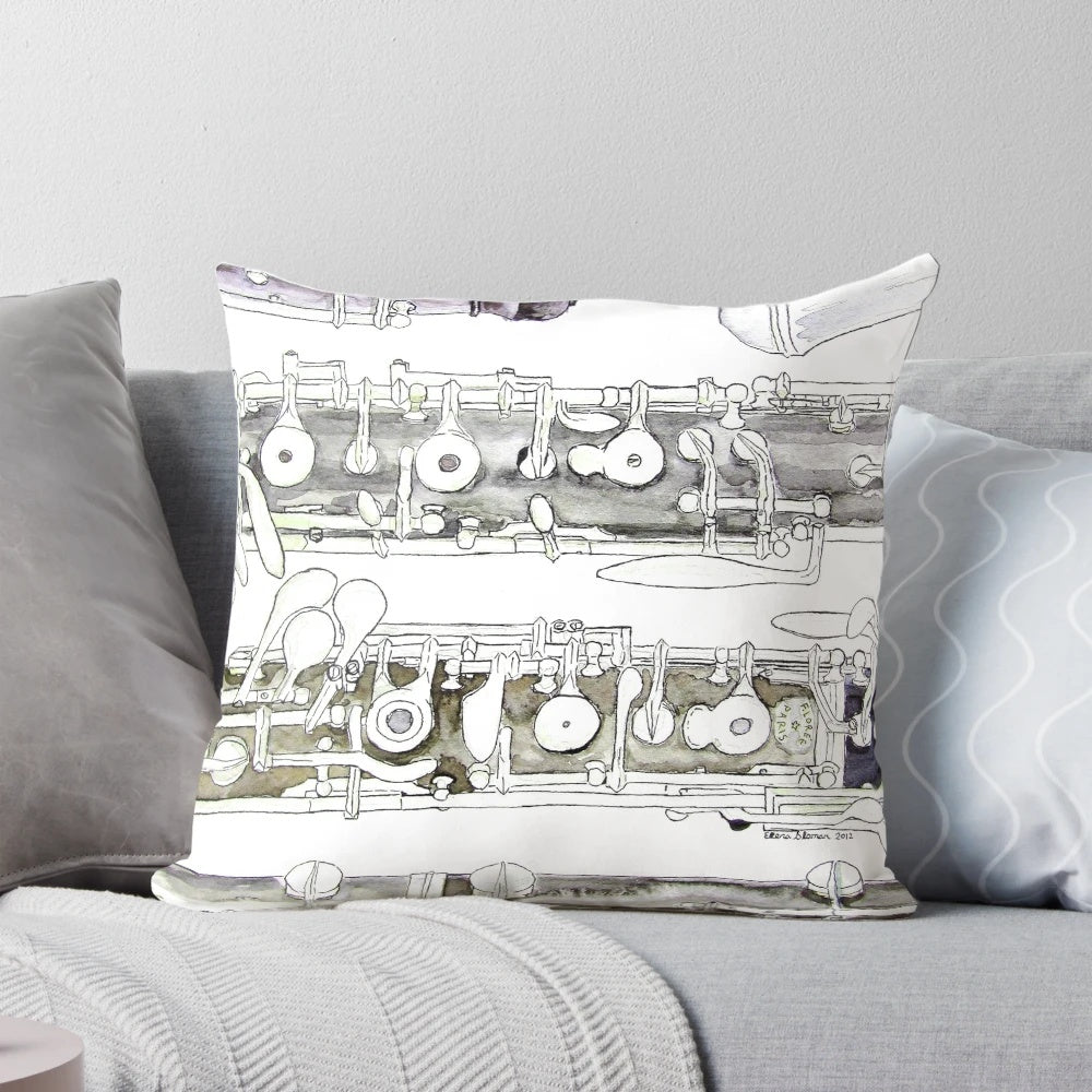 Soft, plush pillow in the shape of an oboe, a popular woodwind instrument used in orchestras and bands.