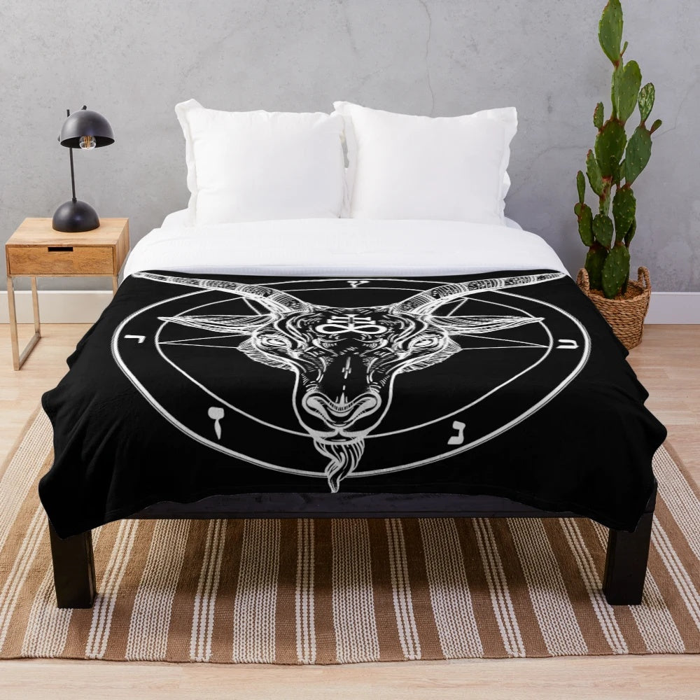 Plush blanket featuring the occult symbol of the Baphomet goat head and pentagram