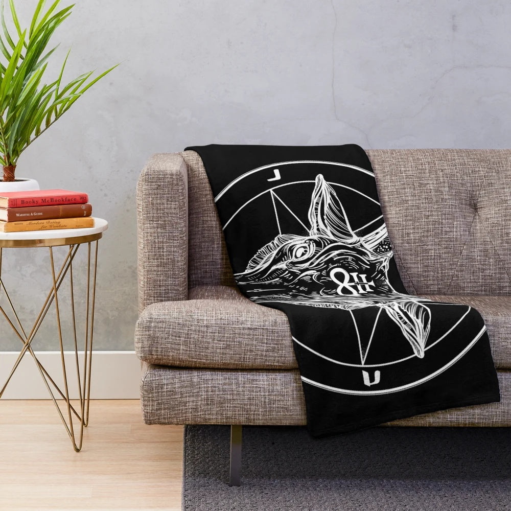 Plush blanket featuring the occult symbol of the Baphomet goat head and pentagram