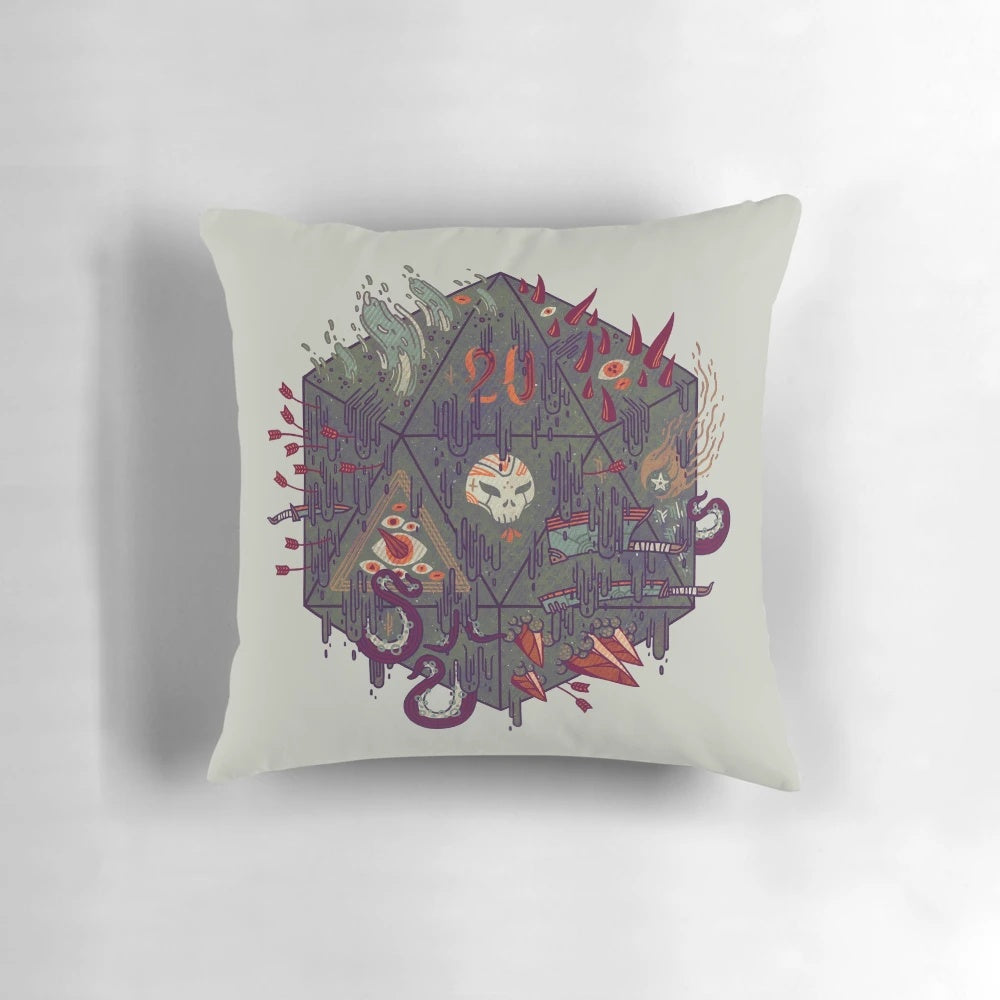 Occult-inspired pillow with skull, tentacles, crystals, and dark motifs
