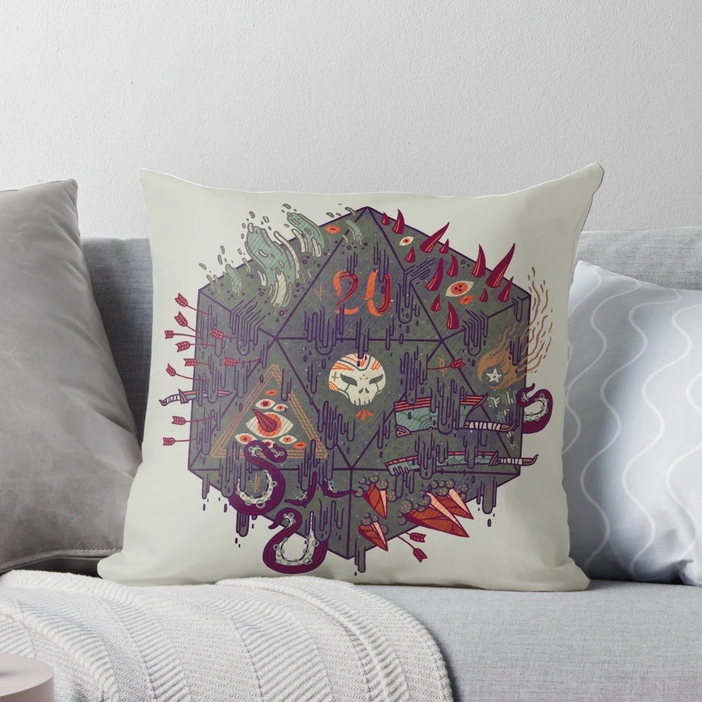 Occult-inspired pillow with skull, tentacles, crystals, and dark motifs