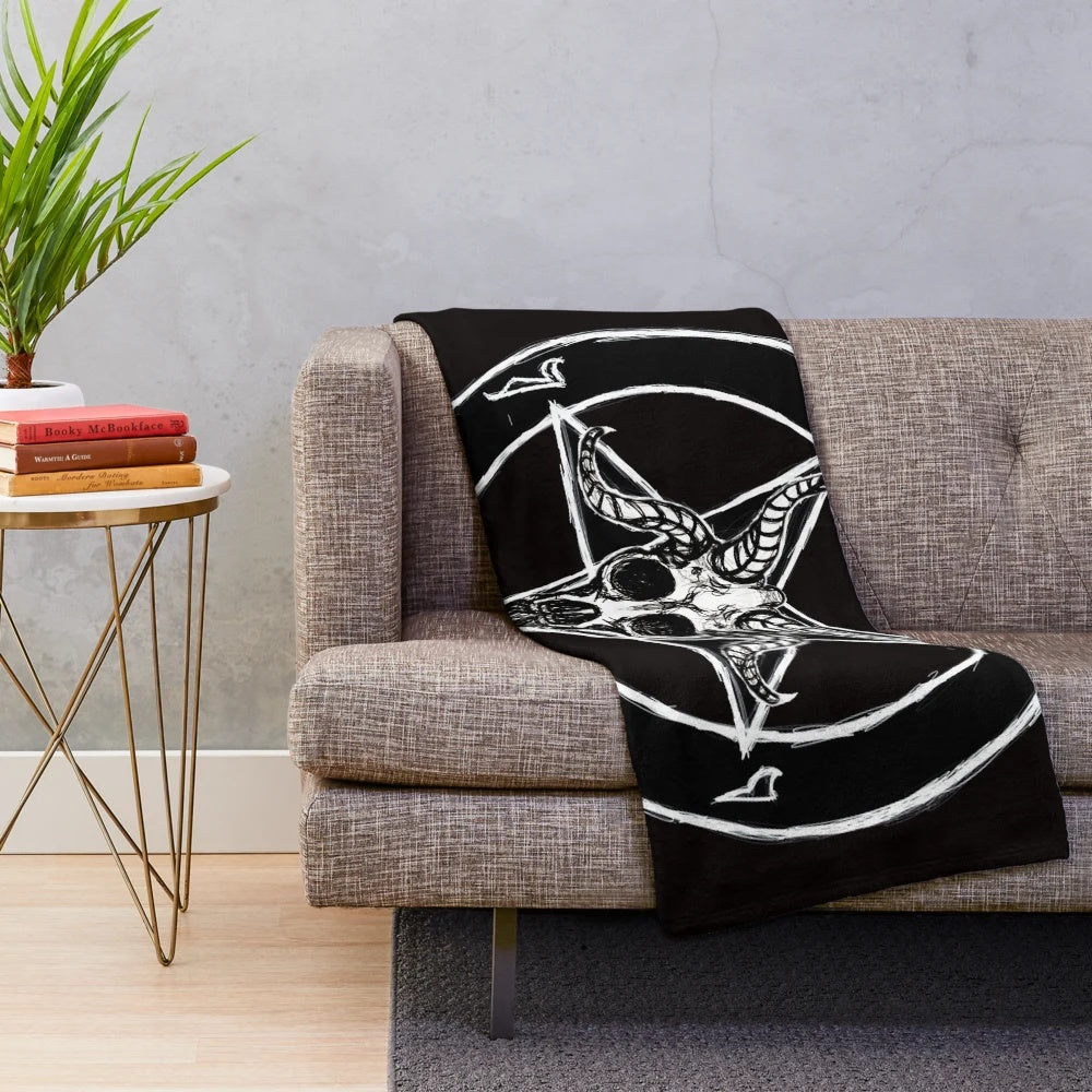 Occult-themed plush blanket with pentagram and goat skull design