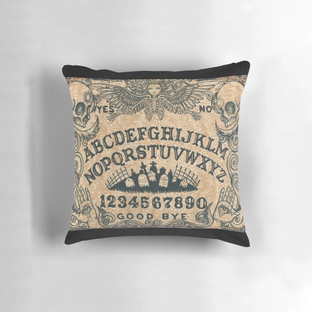 Occult witch board pillow featuring an angel of death design for mystical home decor