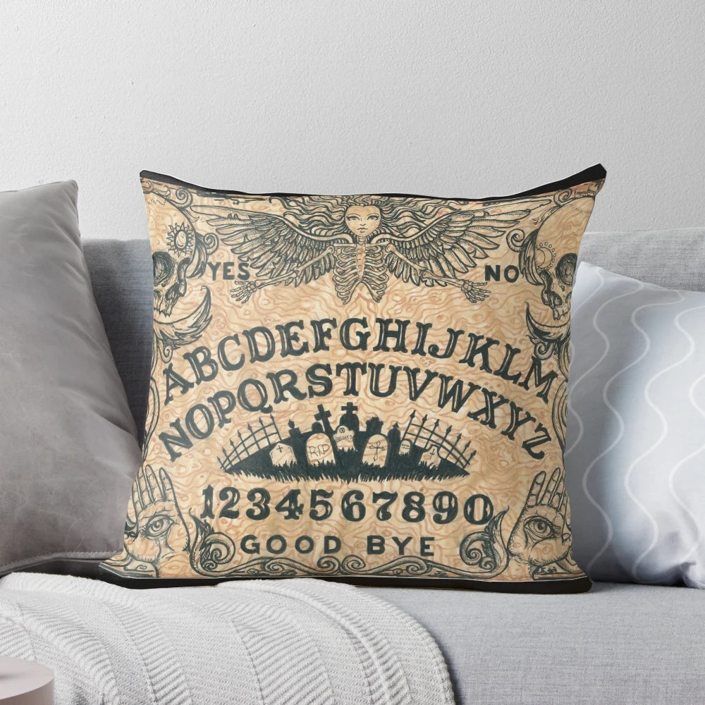 Occult witch board pillow featuring an angel of death design for mystical home decor