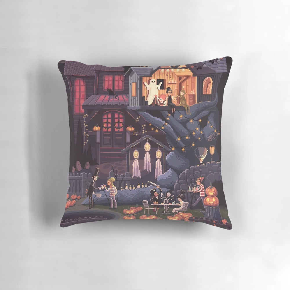 Pixel art image of pumpkins on a decorative throw pillow