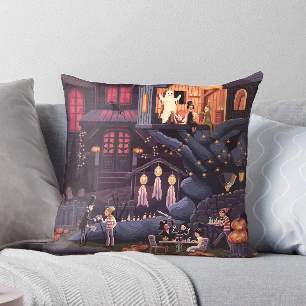 Pixel art image of pumpkins on a decorative throw pillow