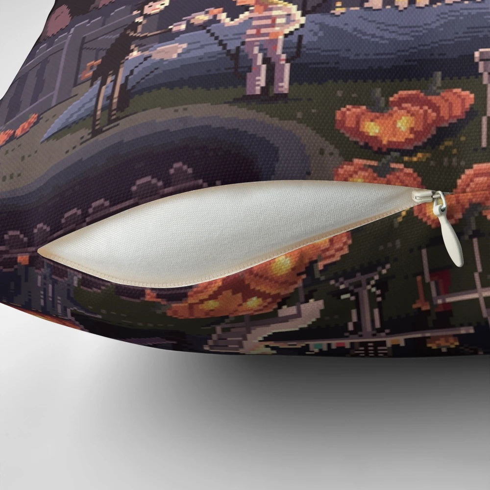 Pixel art image of pumpkins on a decorative throw pillow