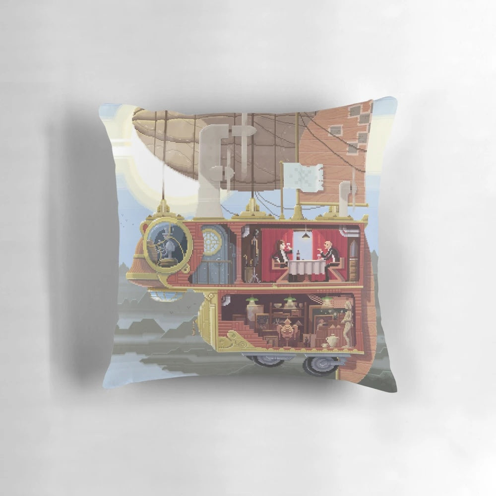 Vibrant pixel art pillow featuring a scene from 'The Art Thieves' by Octavi Navarro