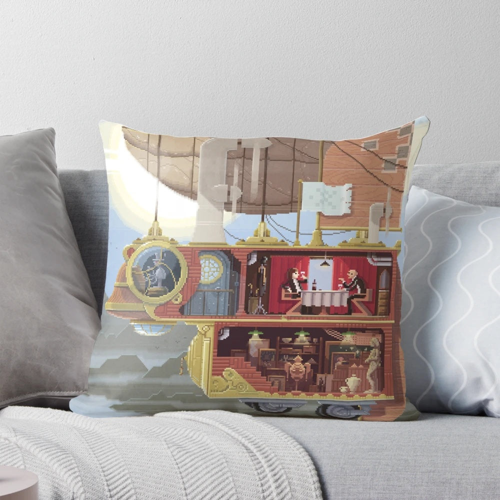Vibrant pixel art pillow featuring a scene from 'The Art Thieves' by Octavi Navarro
