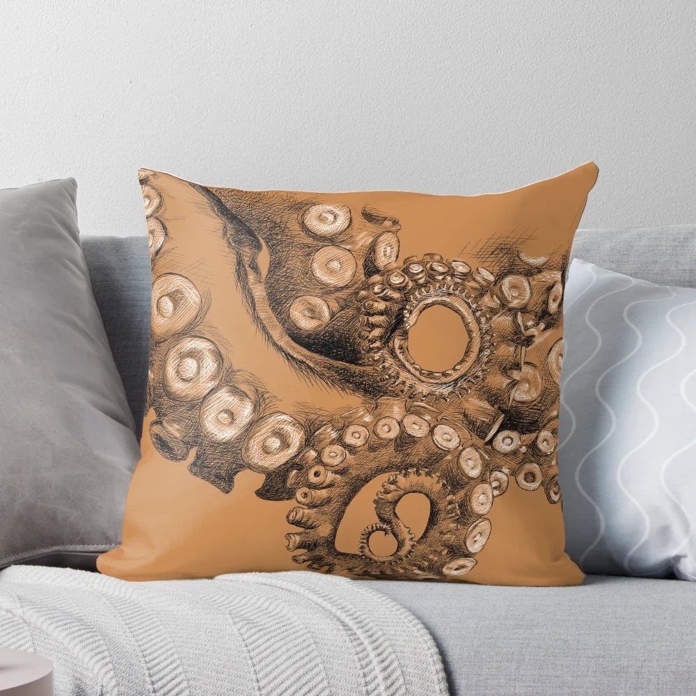 Octopus tentacle two-tone line art drawing printed on a square throw pillow