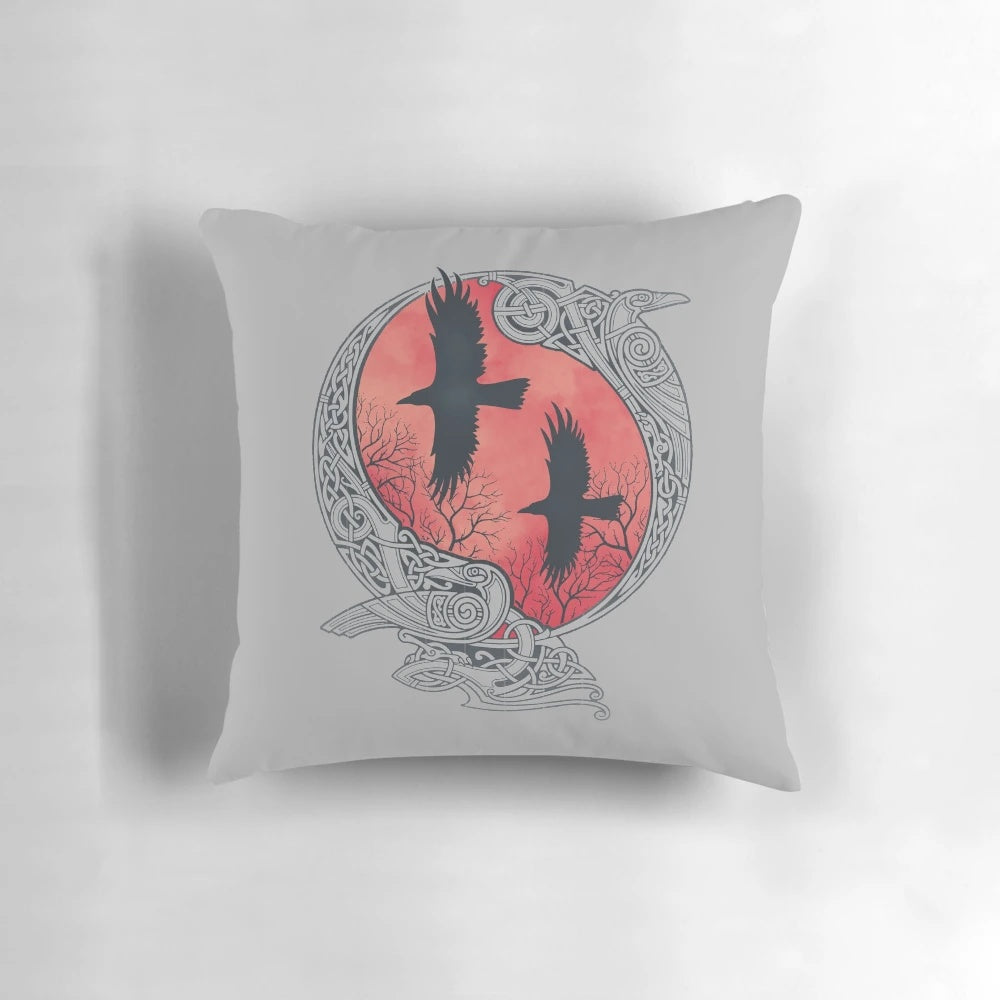 HUGIN&MUNIN Pillow featuring Odin's ravens in a nordic-inspired design with celtic knots and sunset silhouette