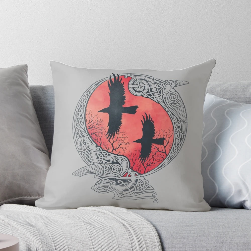 HUGIN&MUNIN Pillow featuring Odin's ravens in a nordic-inspired design with celtic knots and sunset silhouette