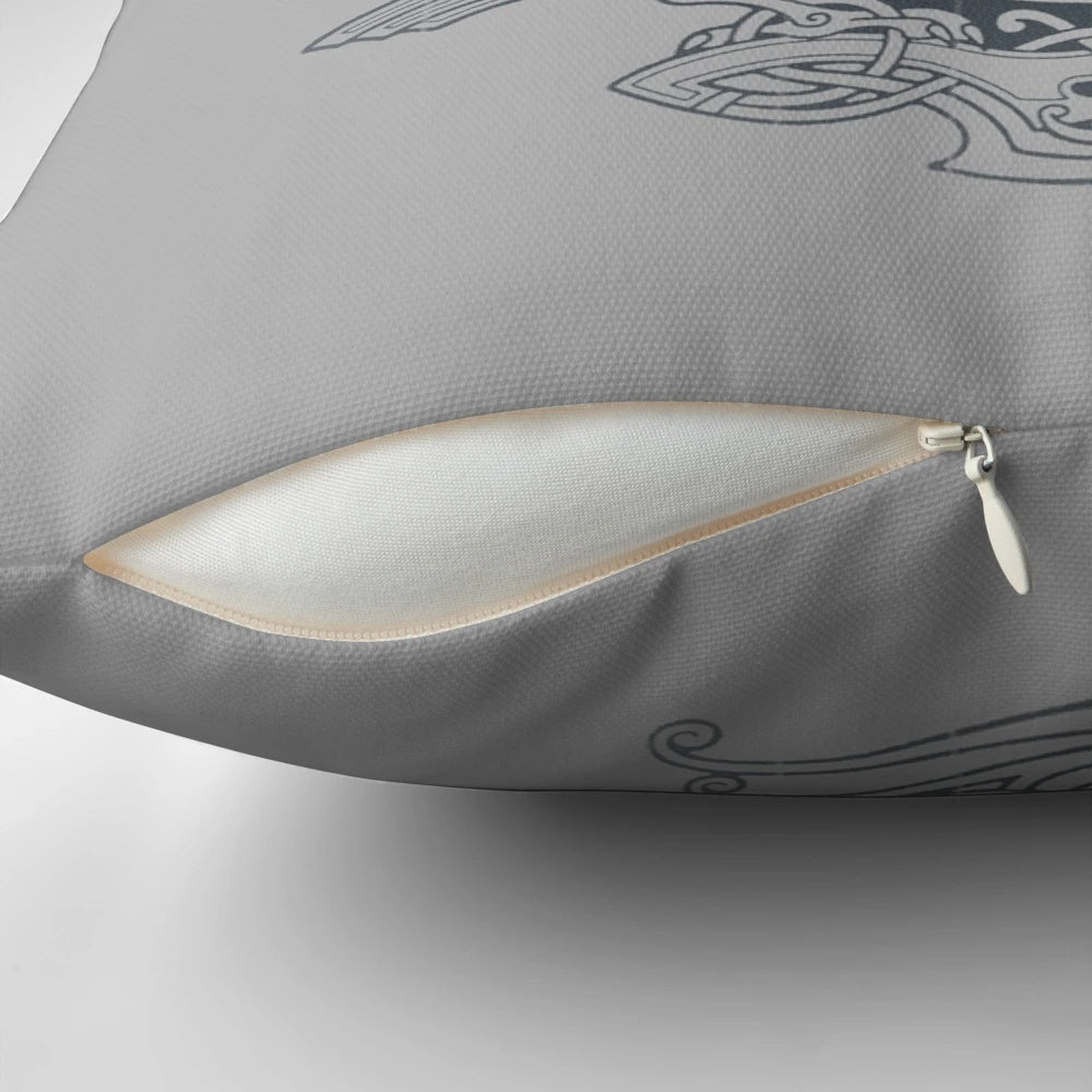 HUGIN&MUNIN Pillow featuring Odin's ravens in a nordic-inspired design with celtic knots and sunset silhouette