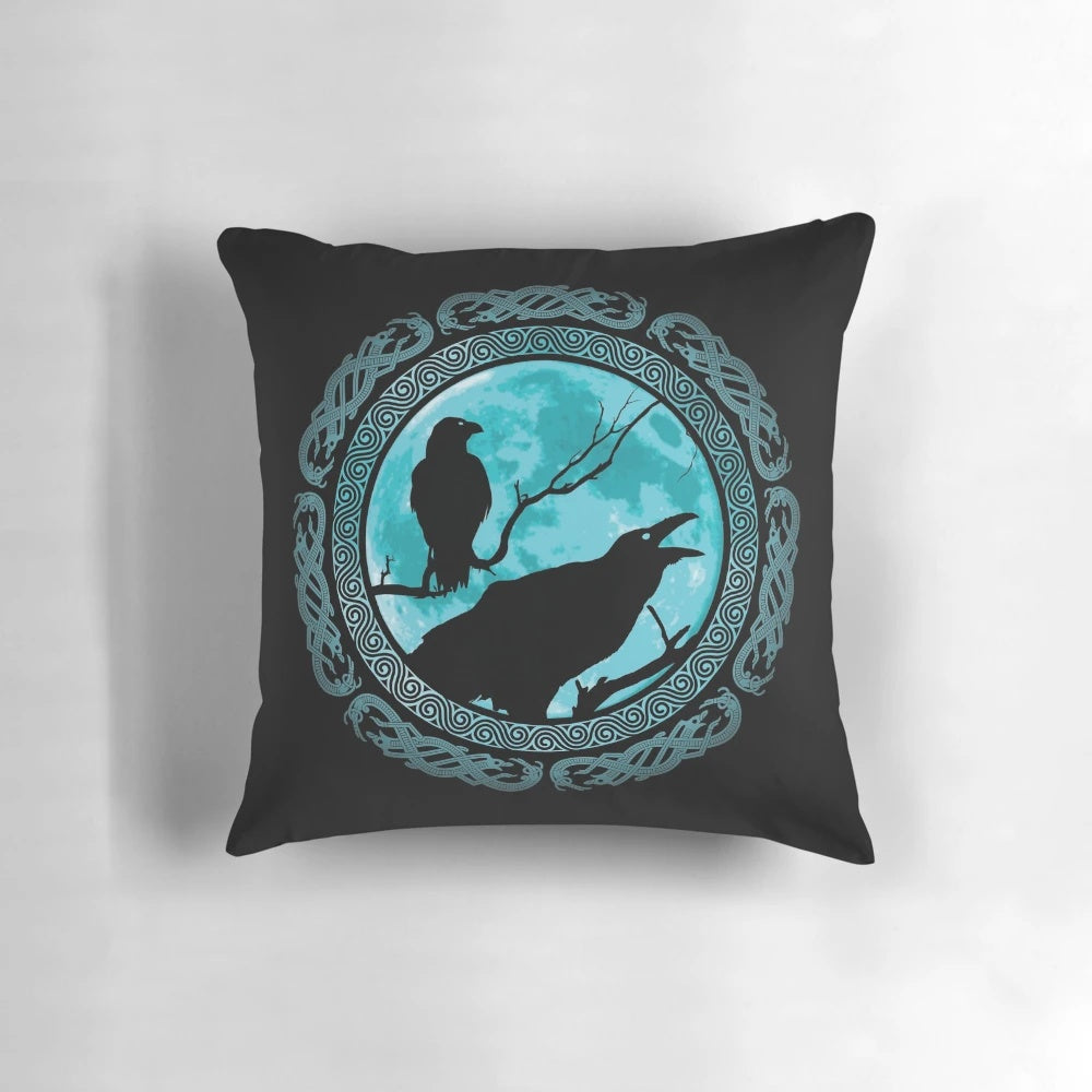 Decorative throw pillow featuring Odin's ravens Huginn and Muninn, a key symbol of Norse mythology.