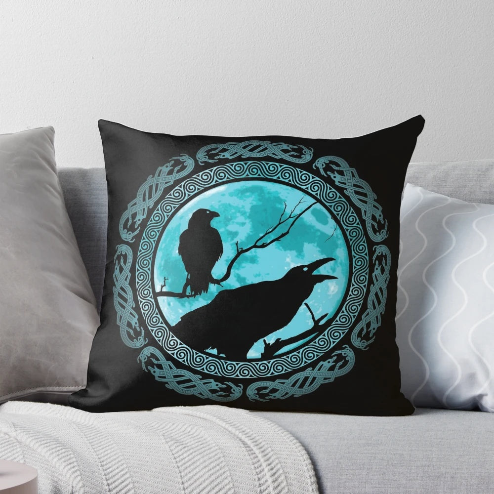 Decorative throw pillow featuring Odin's ravens Huginn and Muninn, a key symbol of Norse mythology.