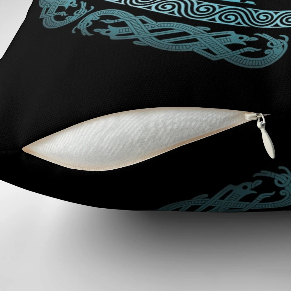 Decorative throw pillow featuring Odin's ravens Huginn and Muninn, a key symbol of Norse mythology.