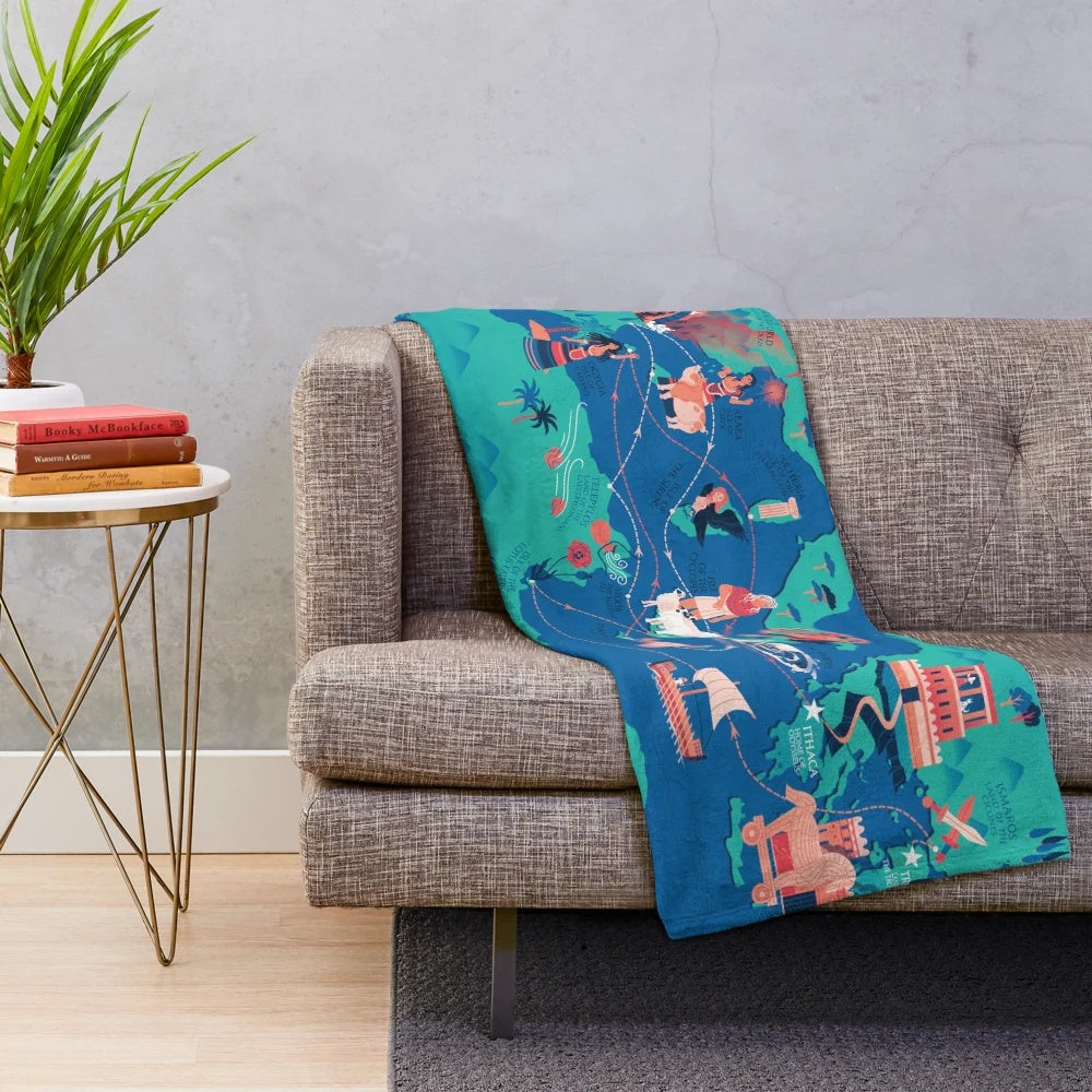 Plush blanket featuring an odyssey map design inspired by the journey of Odysseus in Greek mythology