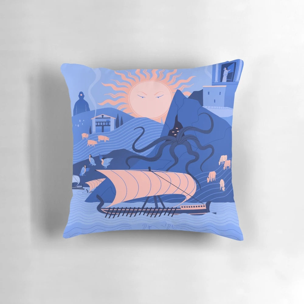 An artistic pillow featuring elements from Homer's Odyssey, including Odysseus, Achilles, Hector, and other iconic figures from Greek mythology.