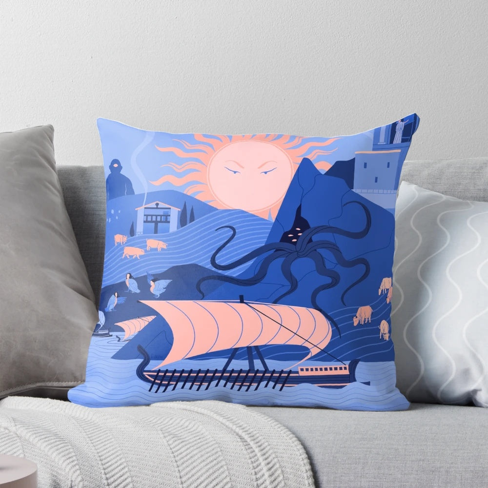 An artistic pillow featuring elements from Homer's Odyssey, including Odysseus, Achilles, Hector, and other iconic figures from Greek mythology.