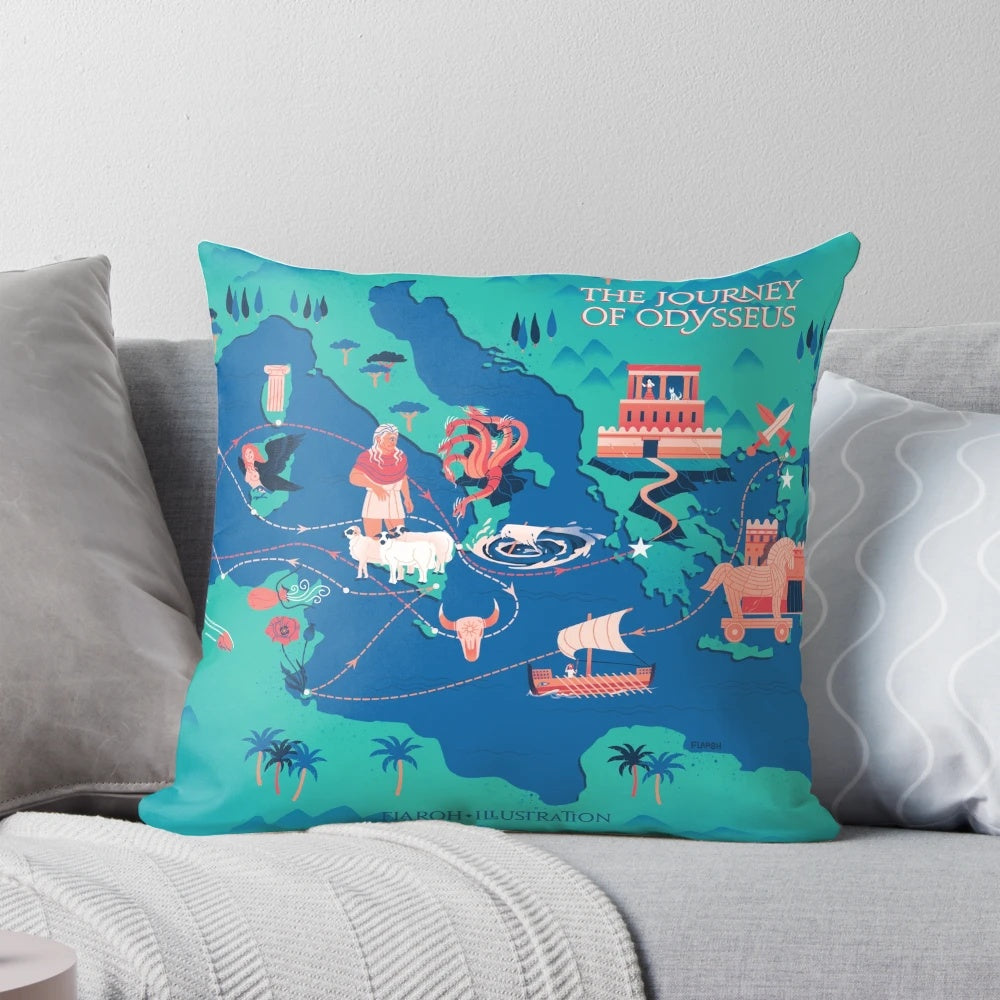 Decorative throw pillow featuring the journey of Odysseus from the Odyssey, a classic Greek mythology tale.
