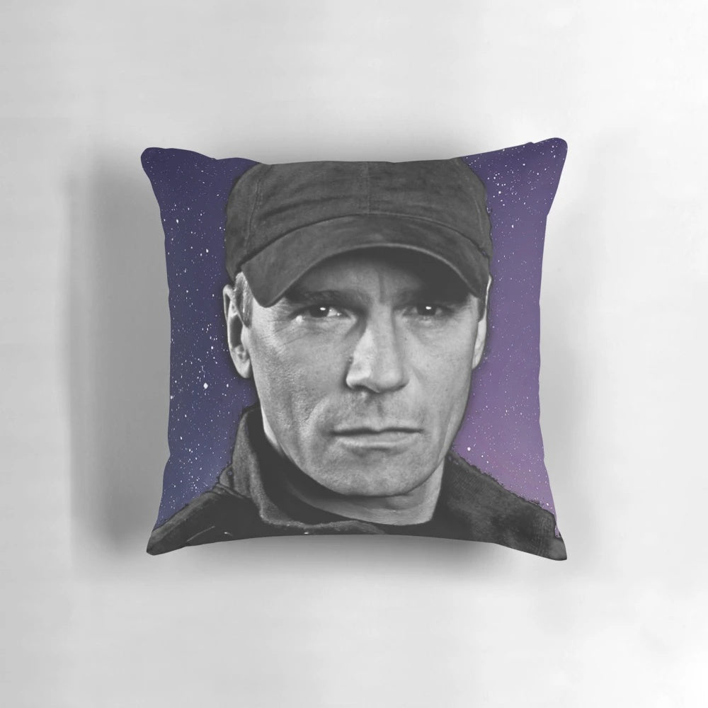 Stargate SG-1 themed throw pillow featuring characters Tealc, Daniel Jackson, Jack O'Neill, and Sam Carter