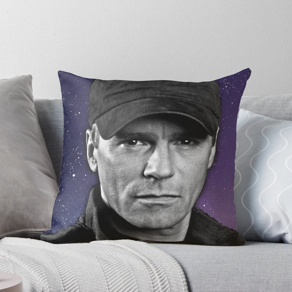 Stargate SG-1 themed throw pillow featuring characters Tealc, Daniel Jackson, Jack O'Neill, and Sam Carter