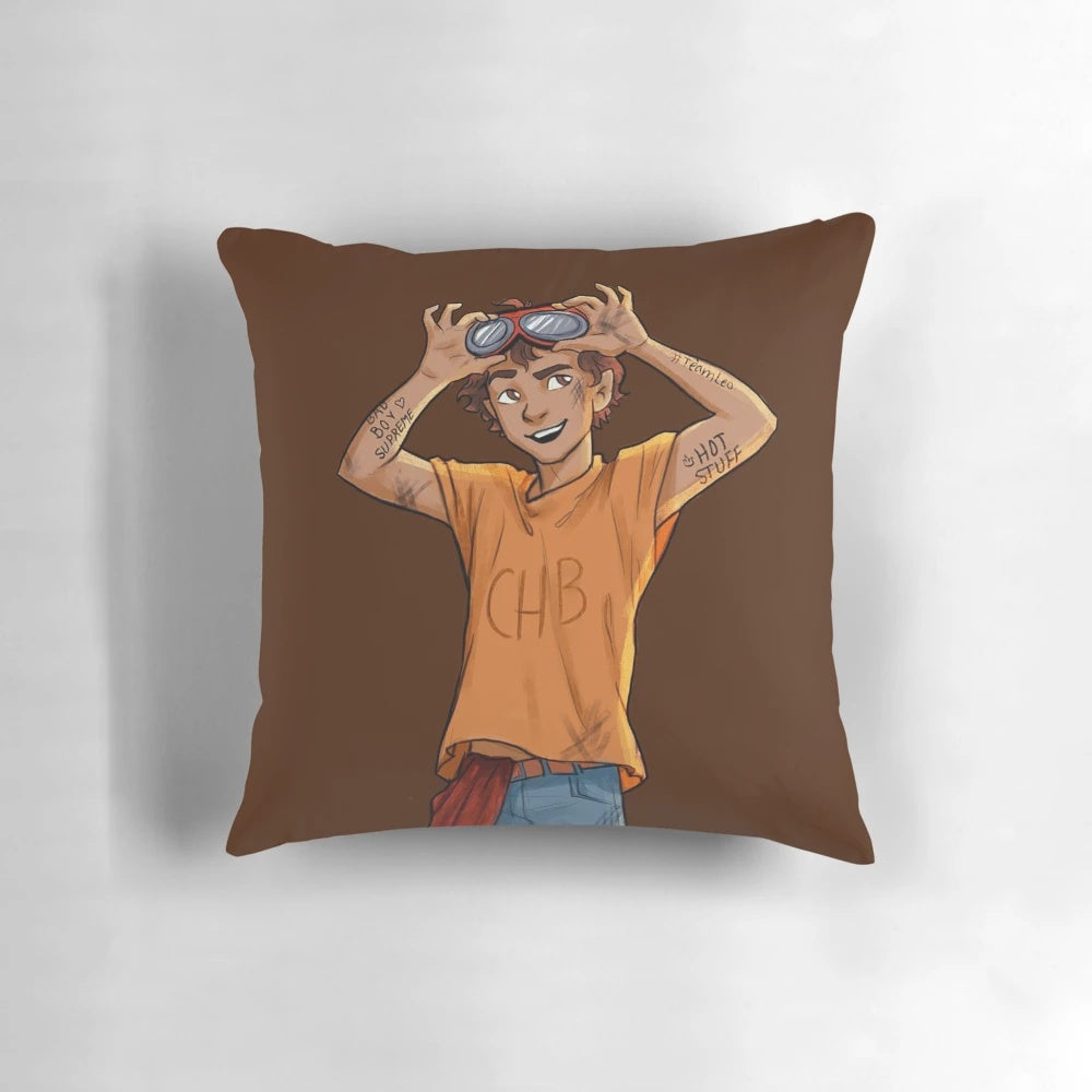 Soft, plush pillow featuring the character Leo Valdez from the Percy Jackson and Heroes of Olympus book series.