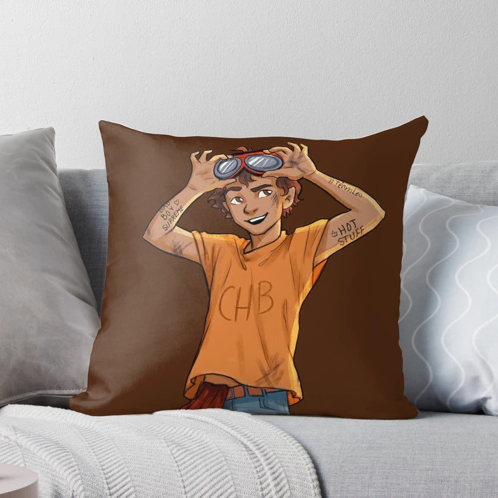 Soft, plush pillow featuring the character Leo Valdez from the Percy Jackson and Heroes of Olympus book series.