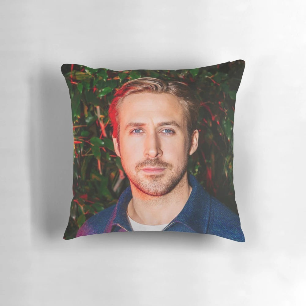 Decorative throw pillow featuring a stylized portrait of actor Ryan Gosling