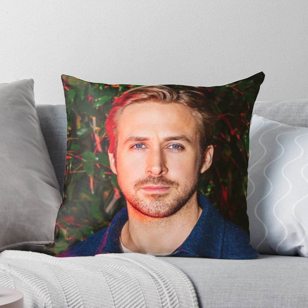 Decorative throw pillow featuring a stylized portrait of actor Ryan Gosling