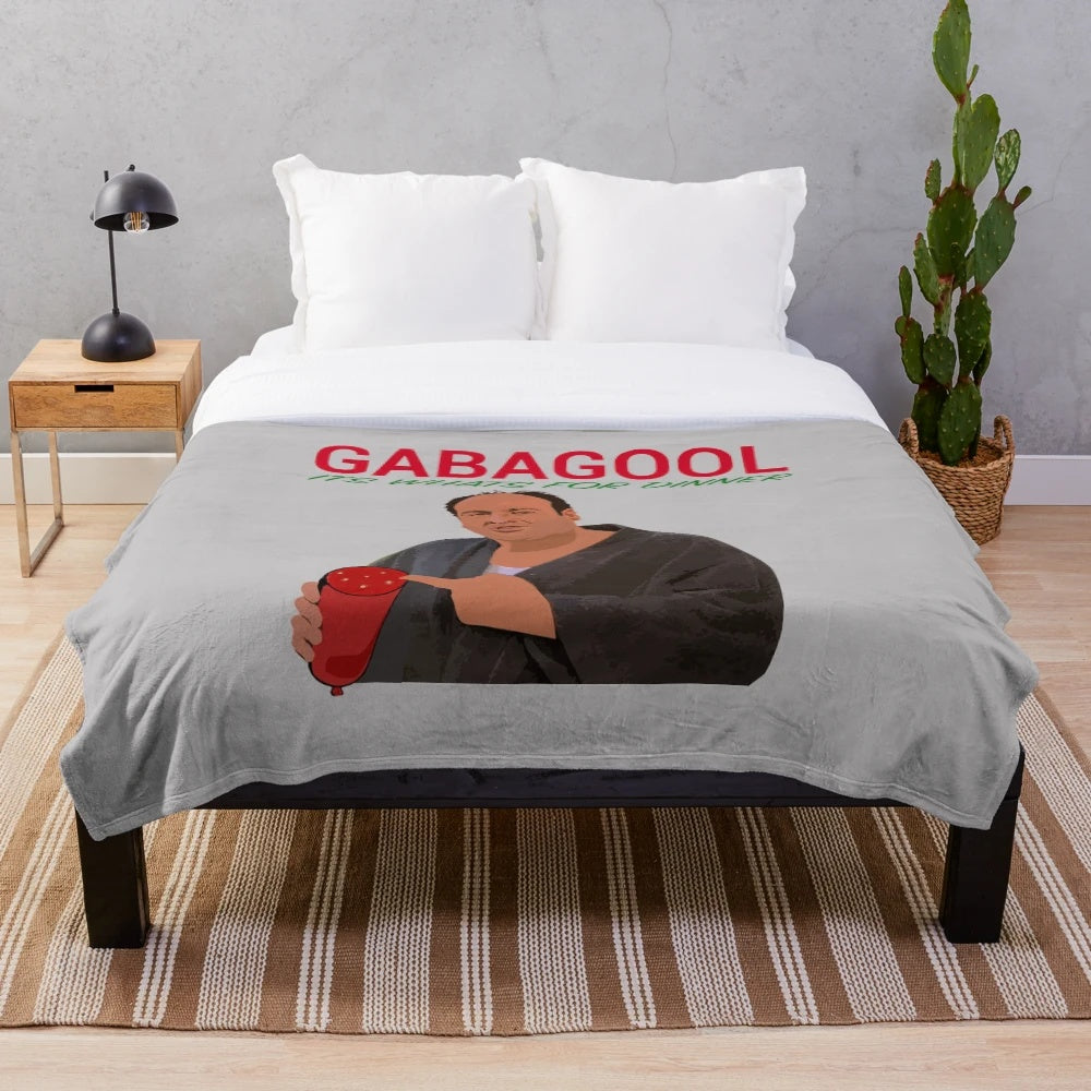 Tony Soprano themed plush blanket featuring the text "Gabagool - It's What's For Dinner