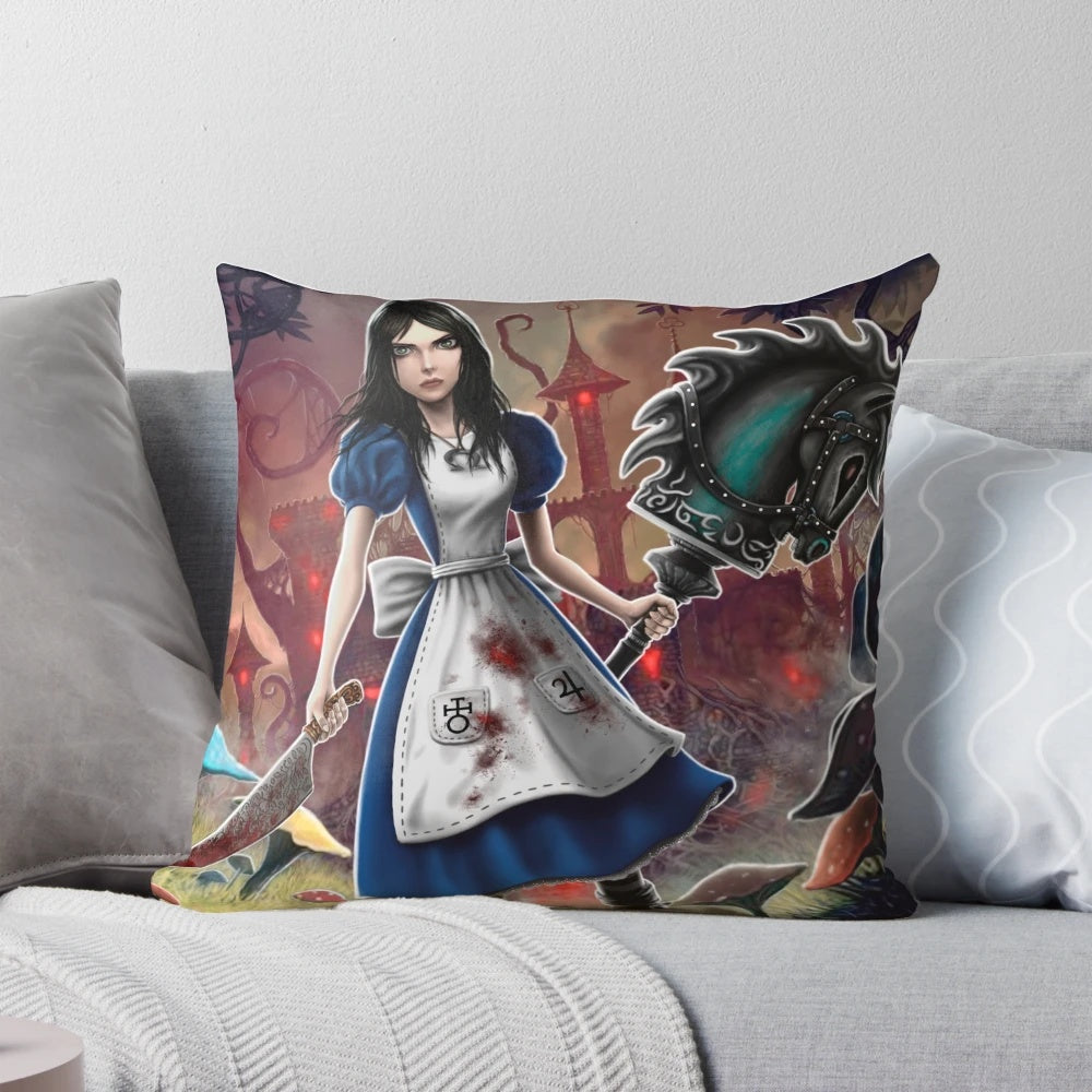 Alice Madness Returns accent pillow featuring the Cheshire Cat and Mad Hatter from the fantasy game
