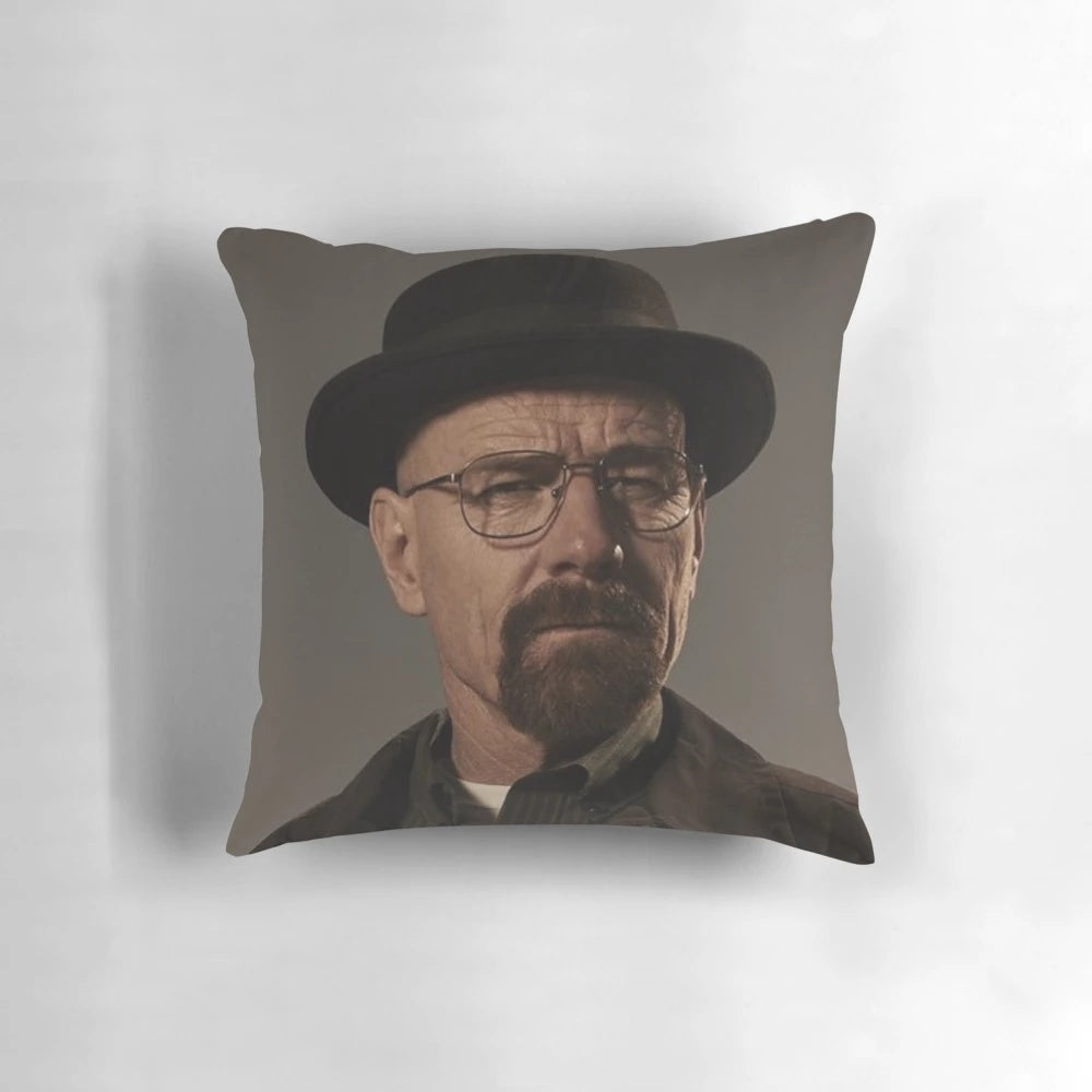 Soft, plush pillow featuring the iconic image of Walter White as Heisenberg from the hit TV series Breaking Bad.