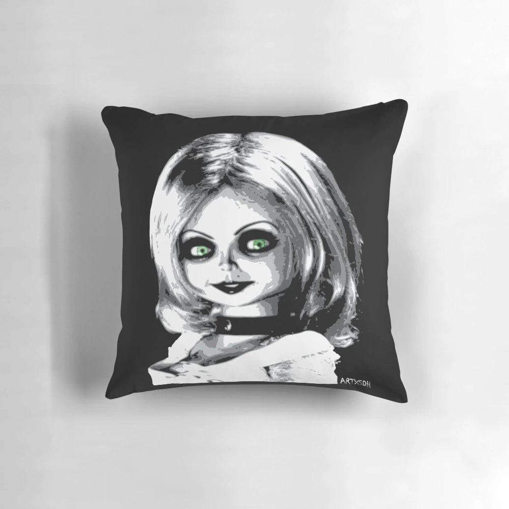 Bride of Chucky themed decorative pillow featuring the iconic horror movie character Chucky