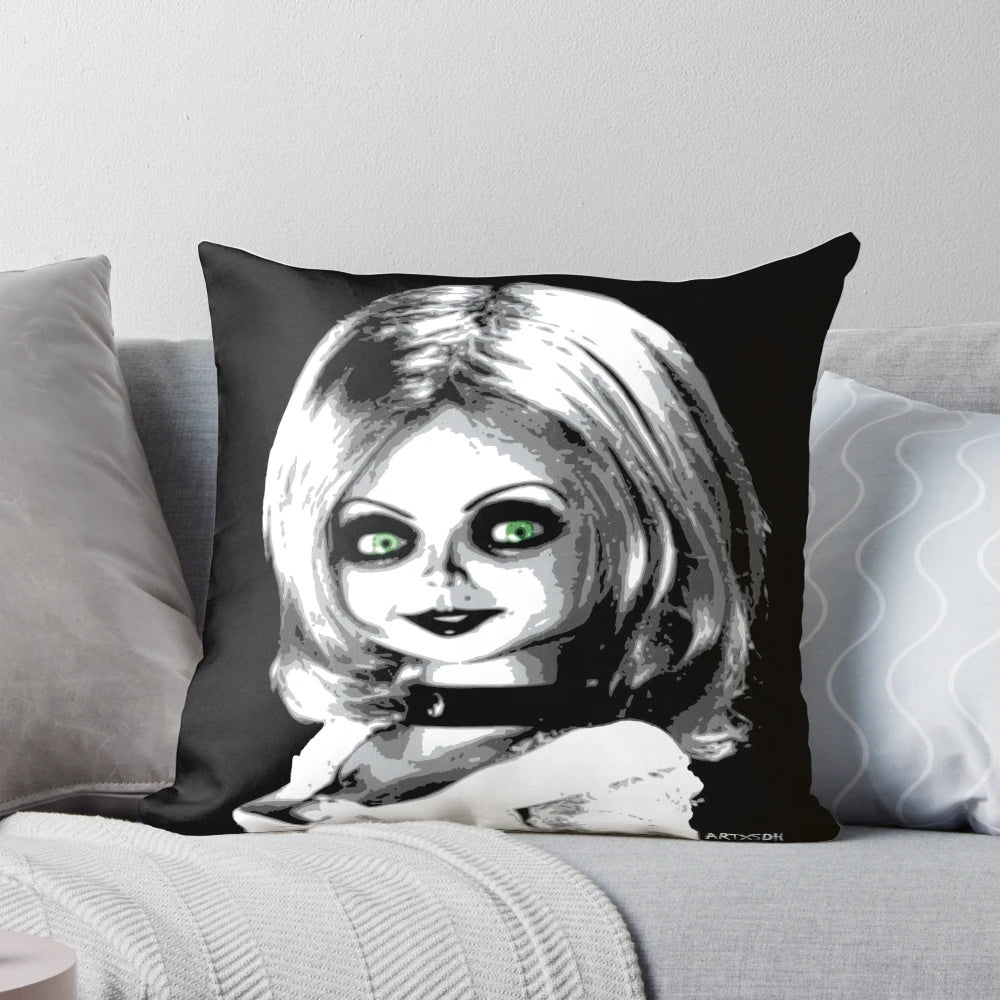 Bride of Chucky themed decorative pillow featuring the iconic horror movie character Chucky