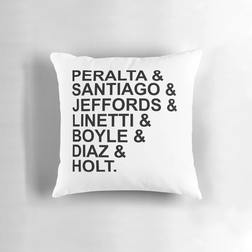 Brooklyn Nine-Nine inspired throw pillow with characters Peralta, Santiago, Holt, and more