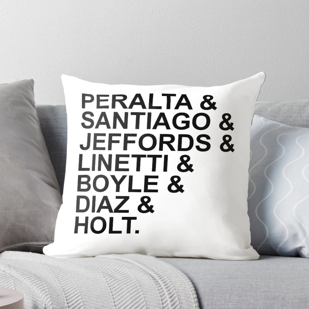 Brooklyn Nine-Nine inspired throw pillow with characters Peralta, Santiago, Holt, and more