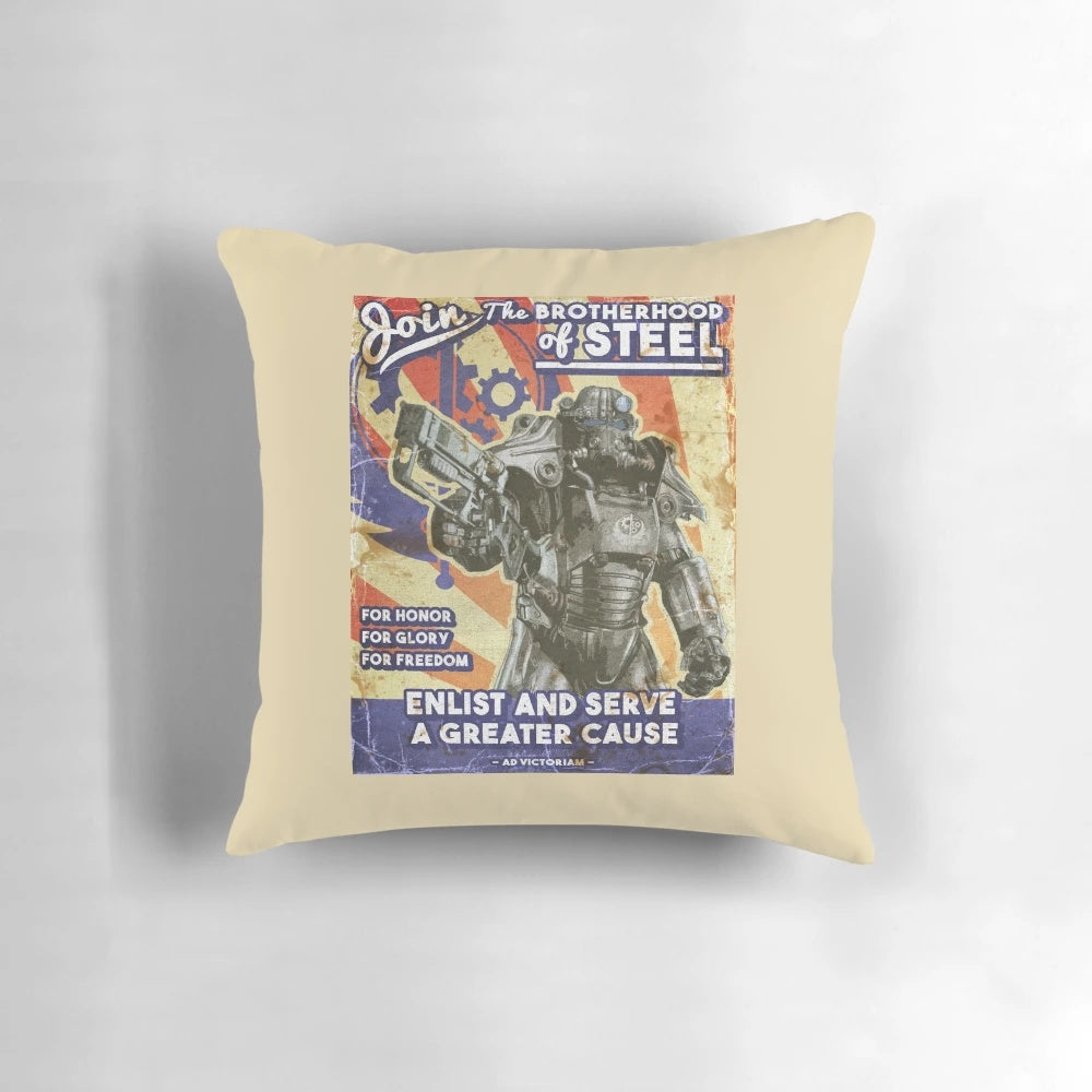Brotherhood of Steel propaganda poster printed on a high-quality pillow