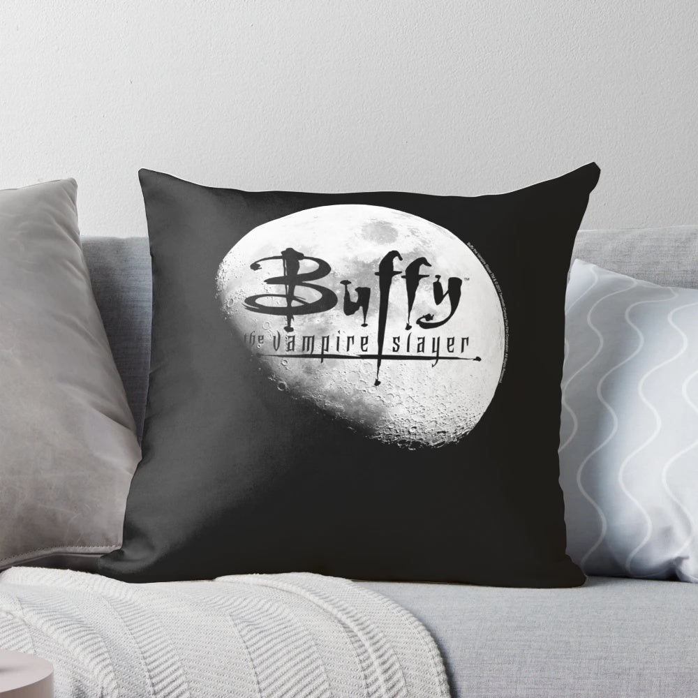 Buffy the Vampire Slayer branded throw pillow featuring the iconic slayer logo