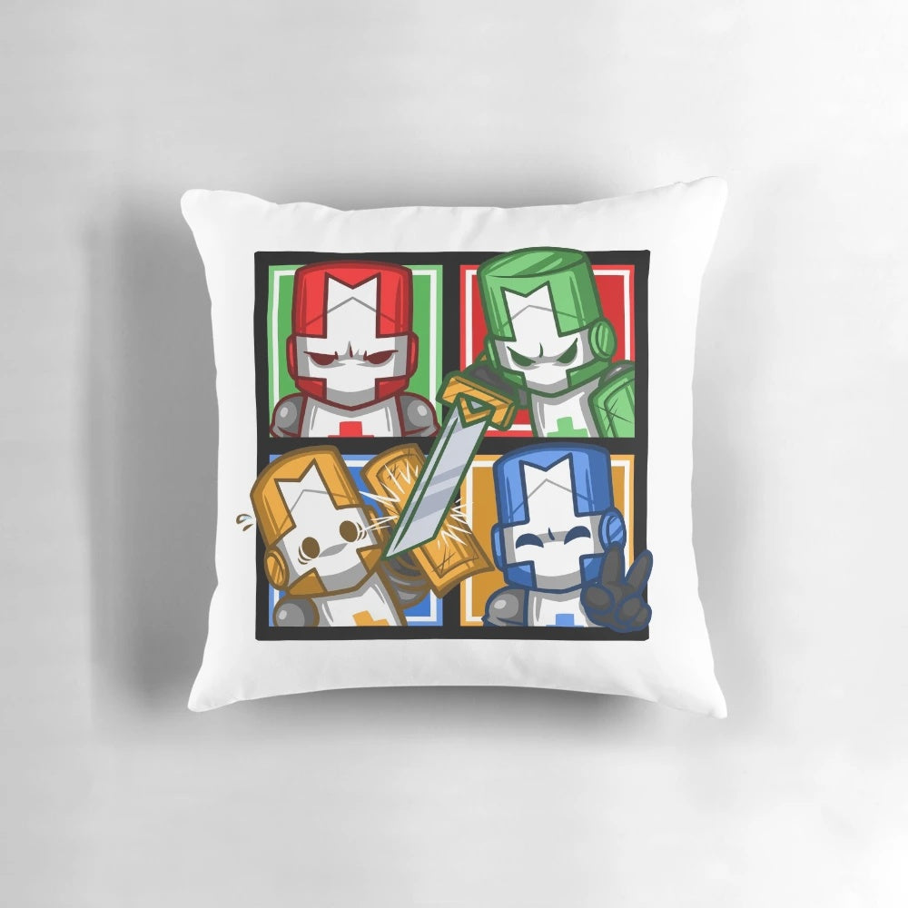 Castle Crashers four-square throw pillow featuring knights in a 2x2 grid pattern