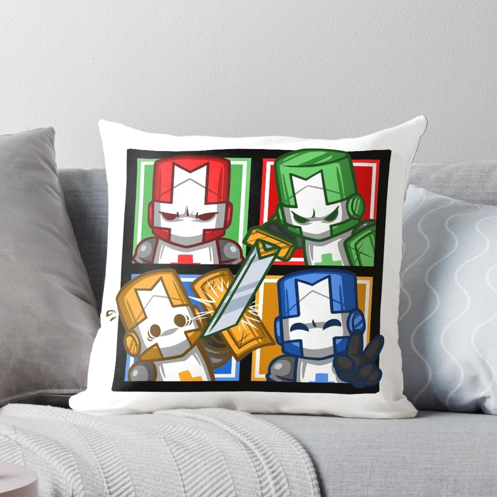 Castle Crashers four-square throw pillow featuring knights in a 2x2 grid pattern
