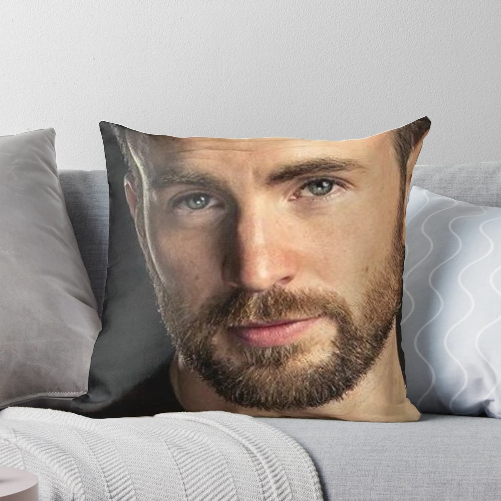 Plush, high-quality pillow featuring a stylized illustration of actor Chris Evans