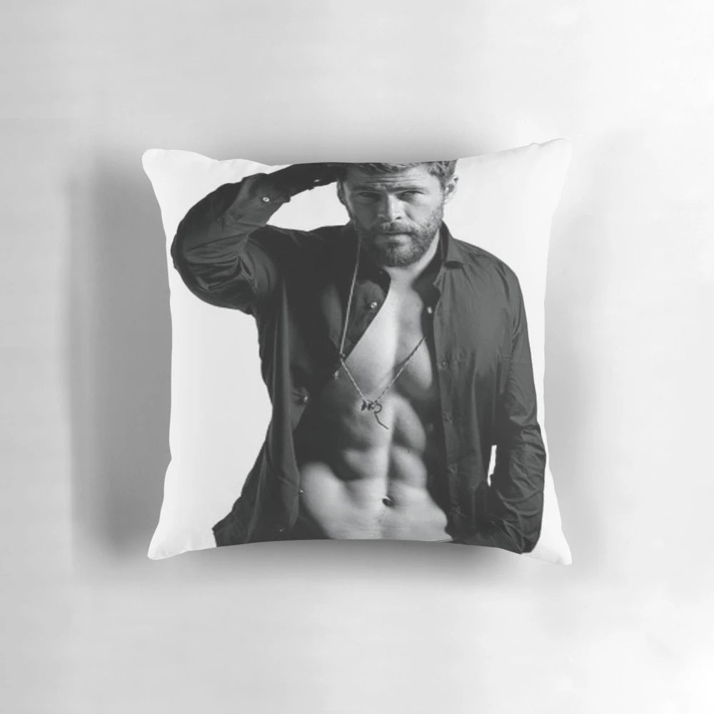High-quality pillow featuring a photo of actor Chris Hemsworth as the character Thor from the Marvel Avengers films