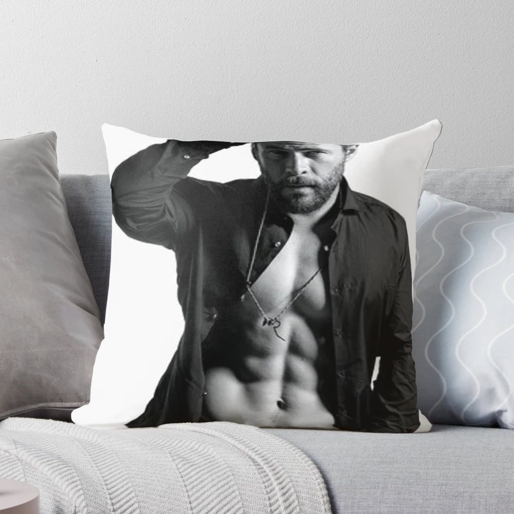 High-quality pillow featuring a photo of actor Chris Hemsworth as the character Thor from the Marvel Avengers films